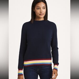 Kule Navy Blue Cashmere Blend Crewneck Sweater Rainbow Striped‎ Cuff Size Small